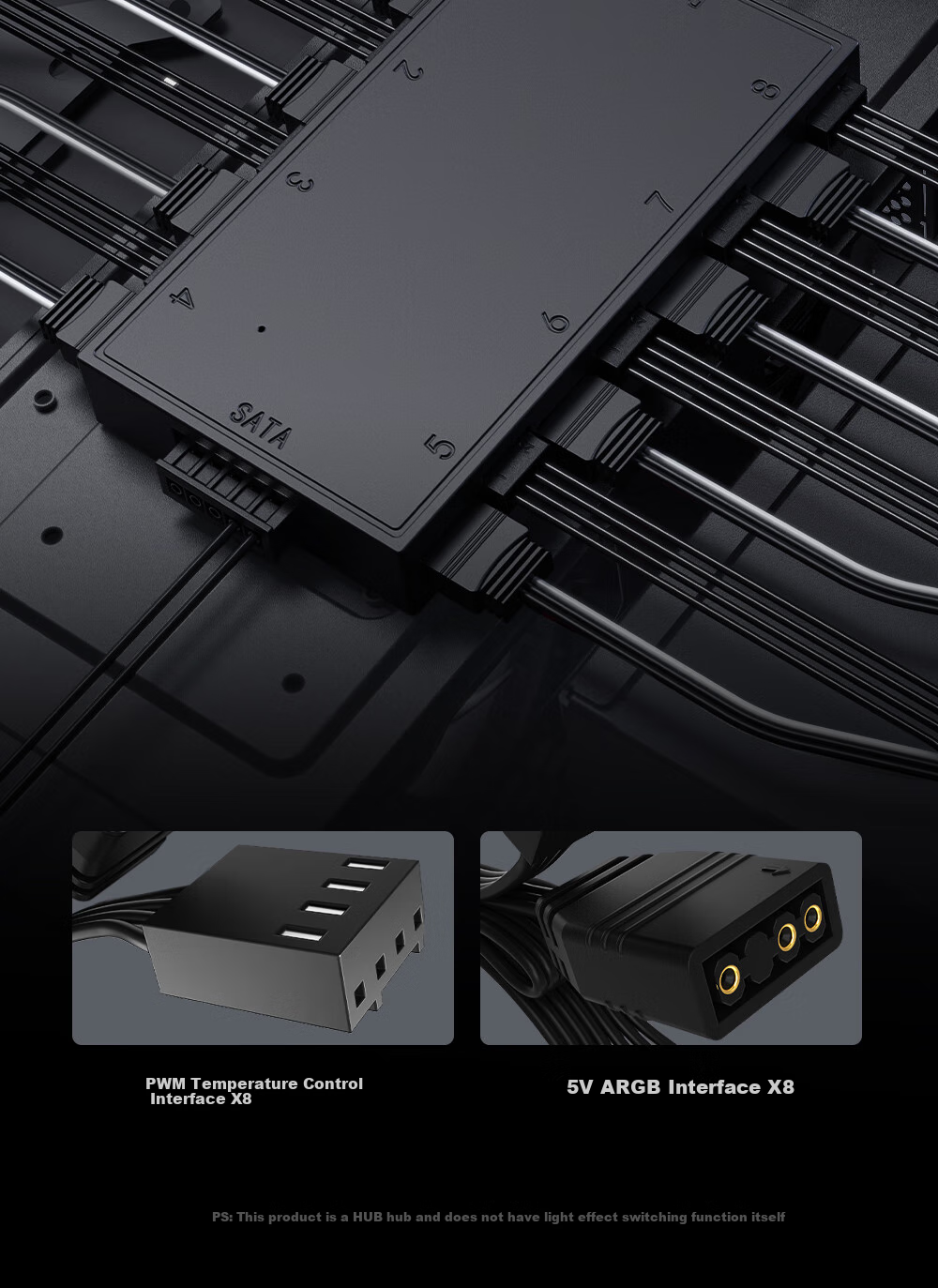 ID-COOLING (Kuren) ARGB Fan Hub, 8 Groups of Fans with Color-Changing Synchronization, PWM Speed Control, SATA Power Supply, ARGB Light Control Expansion Adapter HA-08 4