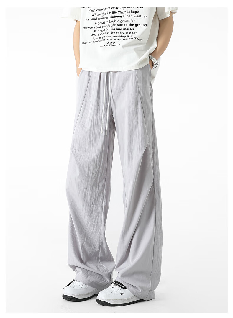 SWAMP AREA Wrinkled Ice Silk Pants for Men, Summer Lightweight American High Street Paratrooper Pants, Loose Straight-Leg Trousers KS51 Warm White 4XL 6