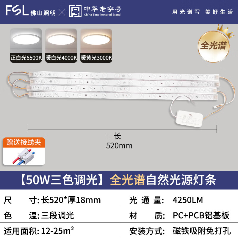 Foshan Lighting (FSL) LED Ceiling Light Chip Ra97 High CRI Full Spectrum Tri-Color Magnetic Upgrade Light Panel Full Spectrum 50W Light Strip/Three-Level Color Adjustment/One-to-Four Control
