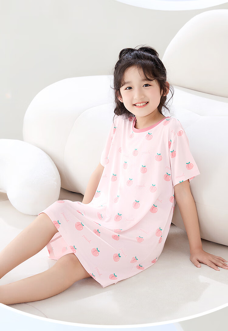 Hodohome Kids Summer Pajamas Girls 50S Modal Nightdress Loose Cool Wearable Dress 312 Beige 160cm 1