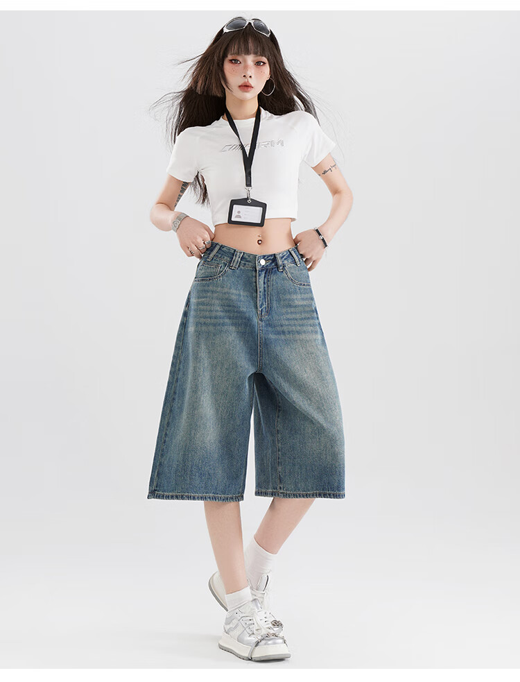 Free Style Vintage High Waist Denim Shorts Women 2026 Summer New Loose Slim Fit Petite Straight Wide Leg Cropped Pants 9