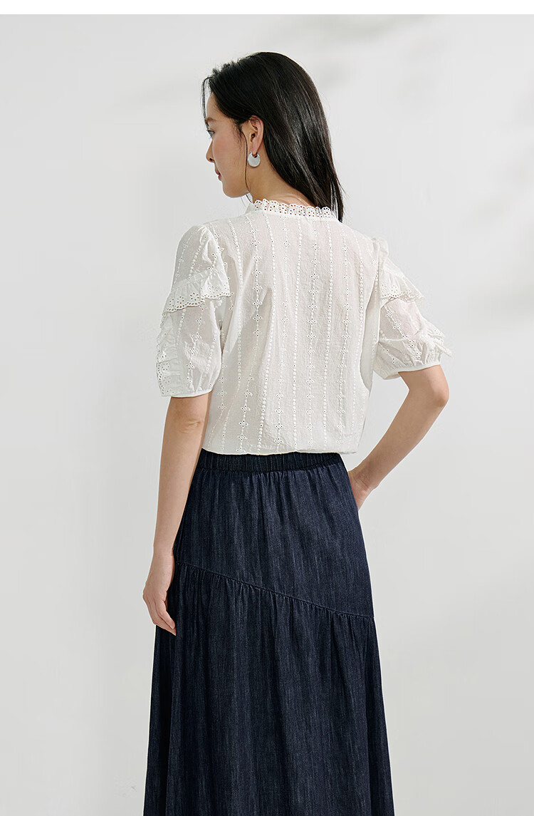 Inman Lotus Leaf Collar Hollow Embroidered Pure Cotton Shirt 2025 Summer Women's Vacation Style Puff Sleeve Blouse Pearl White M 18