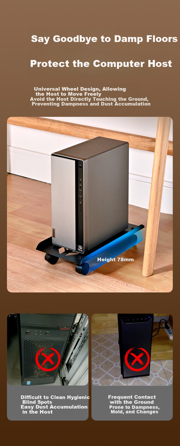 NVV Computer Tower Stand, Desktop Case Stand, Movable Computer Tower Tray Metal Bracket Base NZ-T1 3