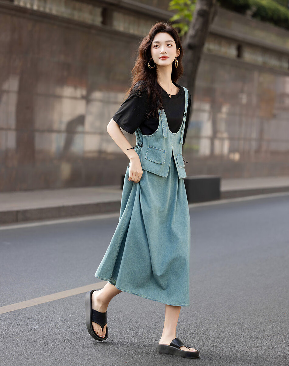 Demana Faux Two-Piece Layered Effect Summer Round Neck Cloud Cotton Denim Patchwork Mid-Length Women's Knit Dress 1
