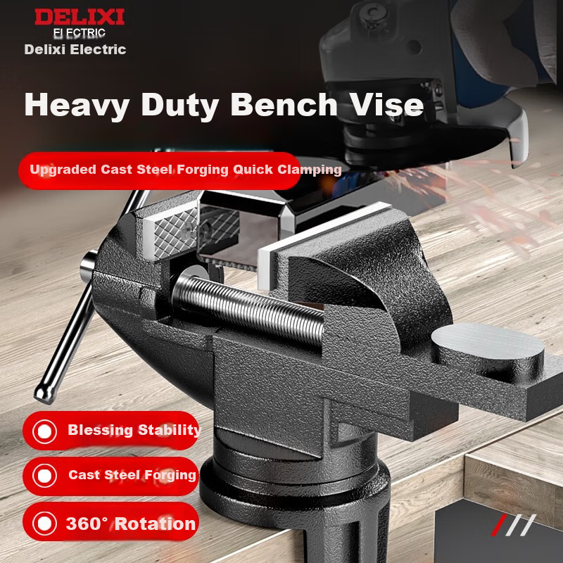 DELIXI ELECTRIC Bench Vise, Industrial-Grade, Small-Sized, Multi-Functional Workbench for Home Use, Mini Bench Vise, Table Vise, Flat-Jaw Vise, Cast Steel 50 Type
