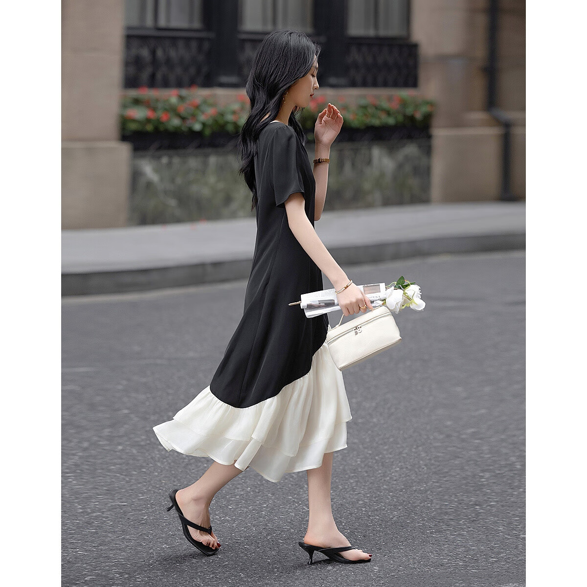 Dme [80D Random Mesh] Elegant Spliced Waist-Finishing Fish-Tail Umbrella Dress, Short-Sleeved Contrasting Color Concealing Women's Dress for Spring