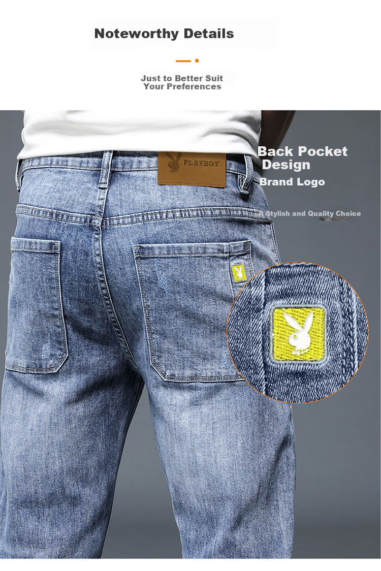 PLAYBOY Men's Jeans, Ripped, Spring And Summer Pants, Straight-Leg Trousers, Casual Slim-Fit Nine-Tenths Men's Pants, Blue, Size 32 4