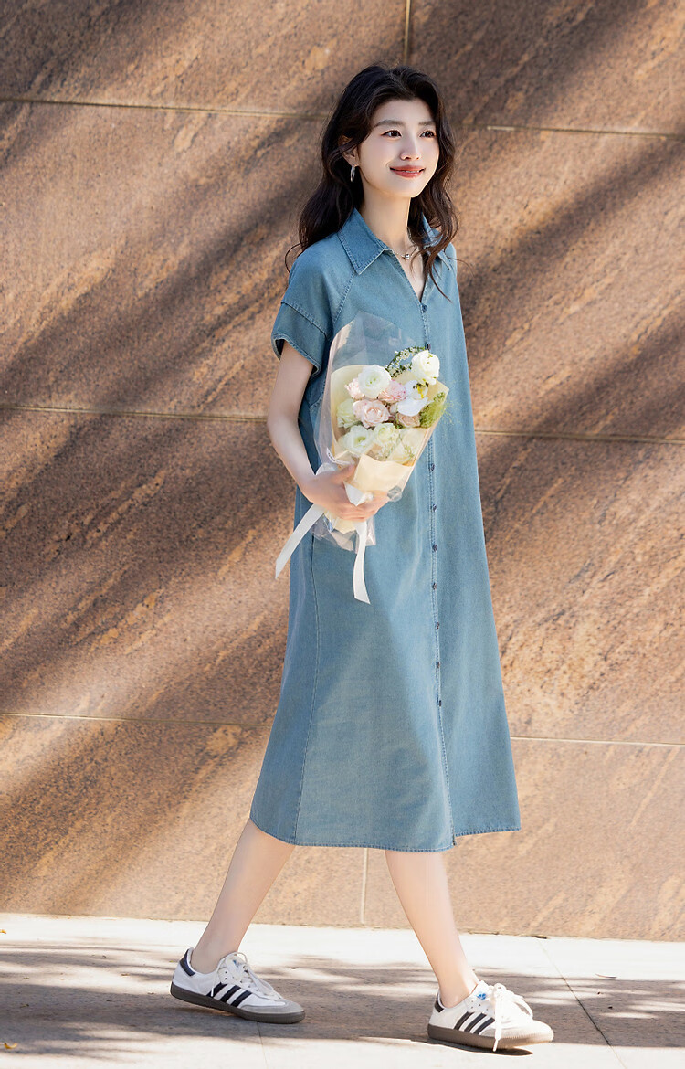 Dme Practical Summer Simple Style Lapel Cloud Cotton Loose Comfortable Short Sleeve Women's Denim Dress 7