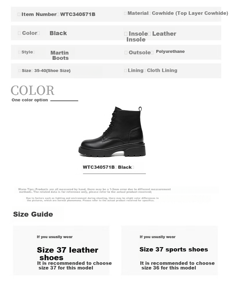 Hongqingting 7-Hole Martin Boots, Women's Boots, Ladies' Thick-Soled Heightening Short Tube Punk Style Leather Boots, WTC340571B, Black, Size 36 6