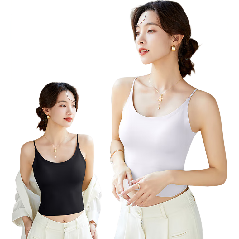 GUJIN Ice Silk Camisole for Women with Built-In Bra Pads, Cross-Back Design, Inner Wear, Suitable As Undershirt Or Base Layer for Blouses And Suits