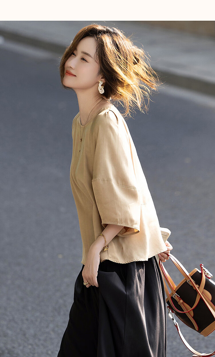 Dme [Monet Garden] Summer Lightweight Breathable Silk Blend Shirt, Round Neck, Loose Fit, Comfortable, Slimming Blouse Top 11