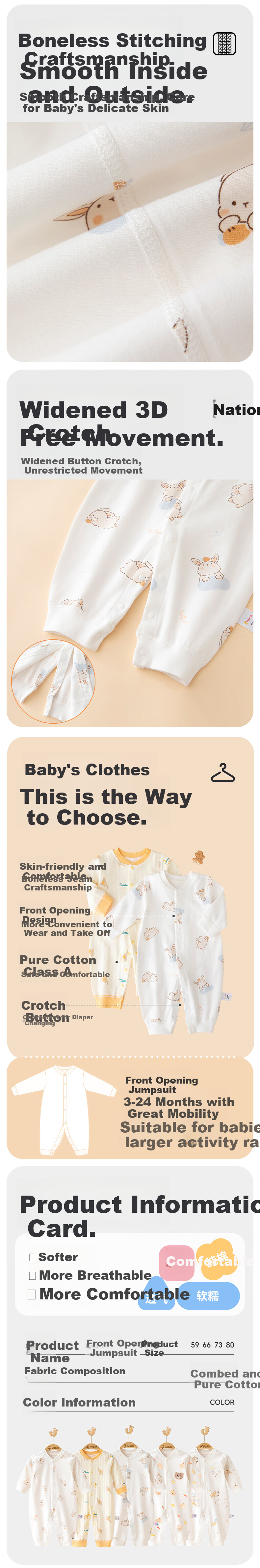 Babyprints Cotton Baby Romper, Front-Opening Onesie, Long-Sleeve All-Season Underwear, Cartoon Jumpsuit, Candy Bear Design, Size 80 1