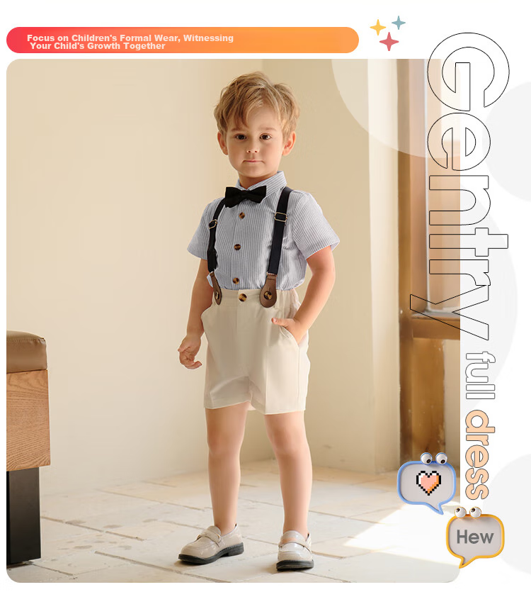 LUOBOBEIBEI Boys' Formal Wear Spring And Summer British Striped Suspender Shorts Shirt Set, Green Long-Sleeve Four-Piece Set, Size 130 2