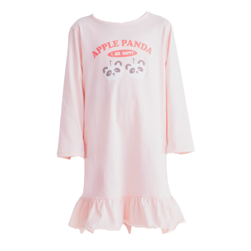 DEESHA Girls' Pure Cotton Long-Sleeve Nightgown, 7A Antibacterial Spring Season, All-Cotton Princess Dress for Older Children, Light Pink Panda, Size 120