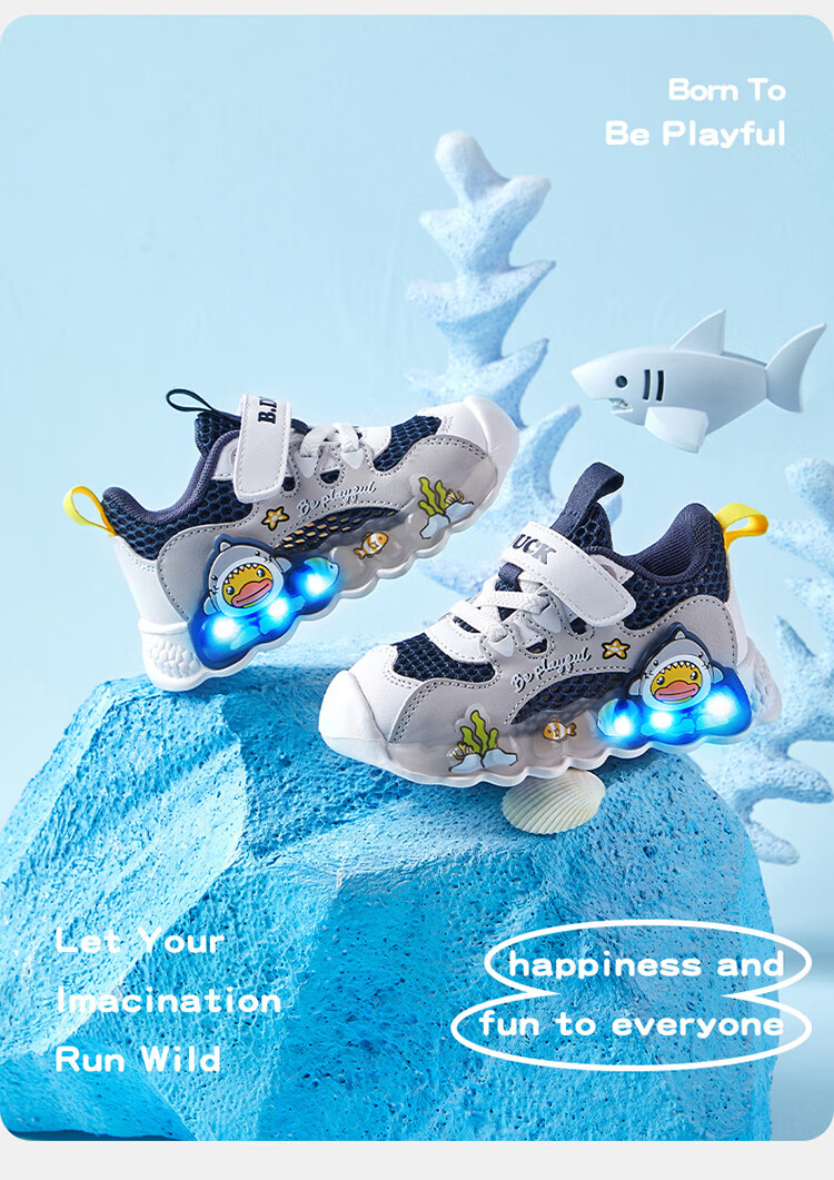 B.Duck Kids Toddler Shoes Lightweight Breathable Mesh Sports Shoes Boys Girls Light-Up 3930 Blue Gray Size 24 7
