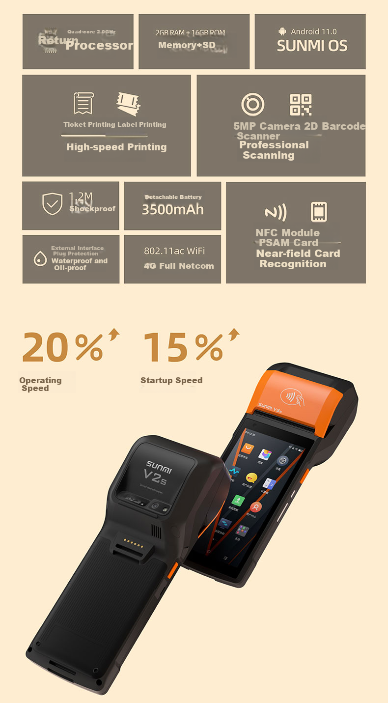 Sunmi V2s Standard Edition Handheld Thermal Printer for Mobile Ordering, Cashier, Queue Numbering, Meituan Takeout, Ele.me - Open Version 2+16GB 6
