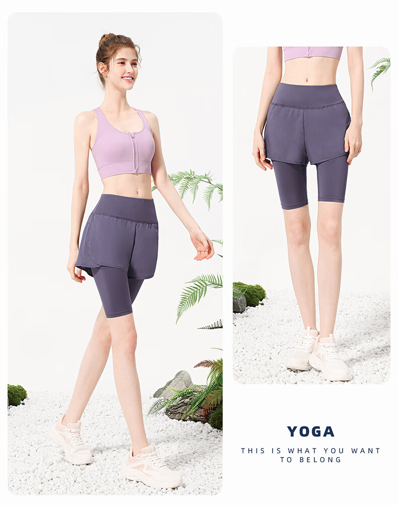 CAMEL Faux Two-Piece Quick-Dry Women's Sports Pants, Elastic Running Fitness Shorts, Y24BA4L0037M, Misty Gray, L 13