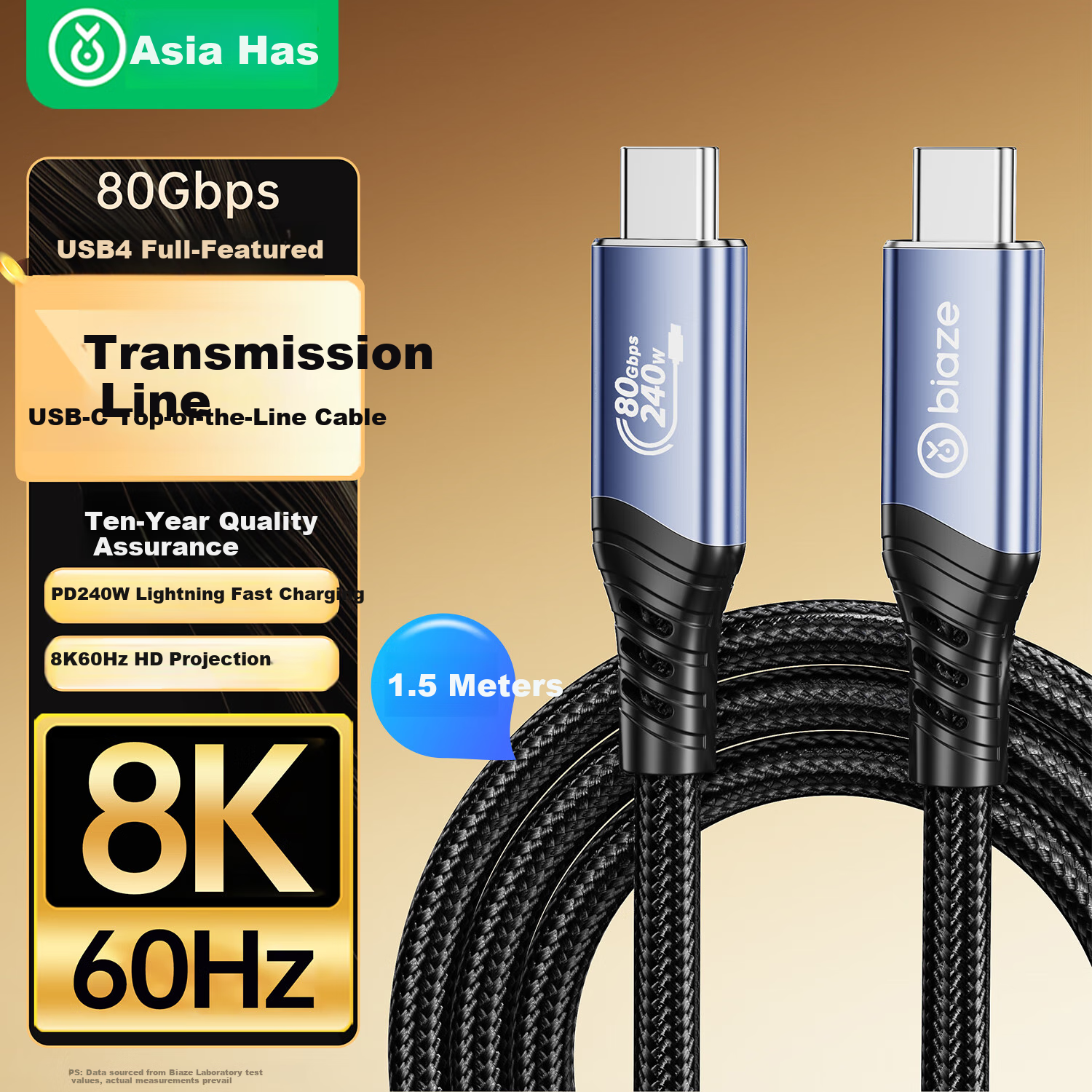 BIAZE USB4 Data Cable, Type-C Fully Functional Cable, 80Gbps High-Speed Transmission, Compatible with Thunderbolt 5/4, Computer 8K HD Cable, Apple 15-18PD240W Charging Cable, 1.5 Meters