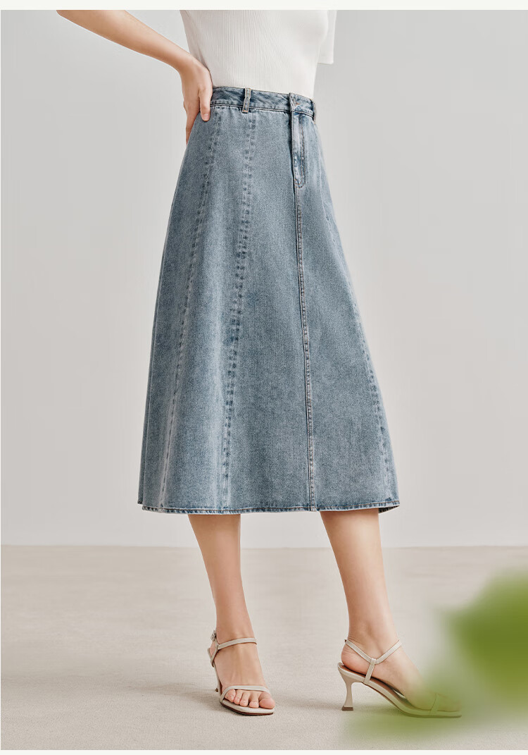Inman French Style Denim Half Skirt for Women Summer Retro Mid-High Waist Premium A-Line Skirt Light Denim L 16