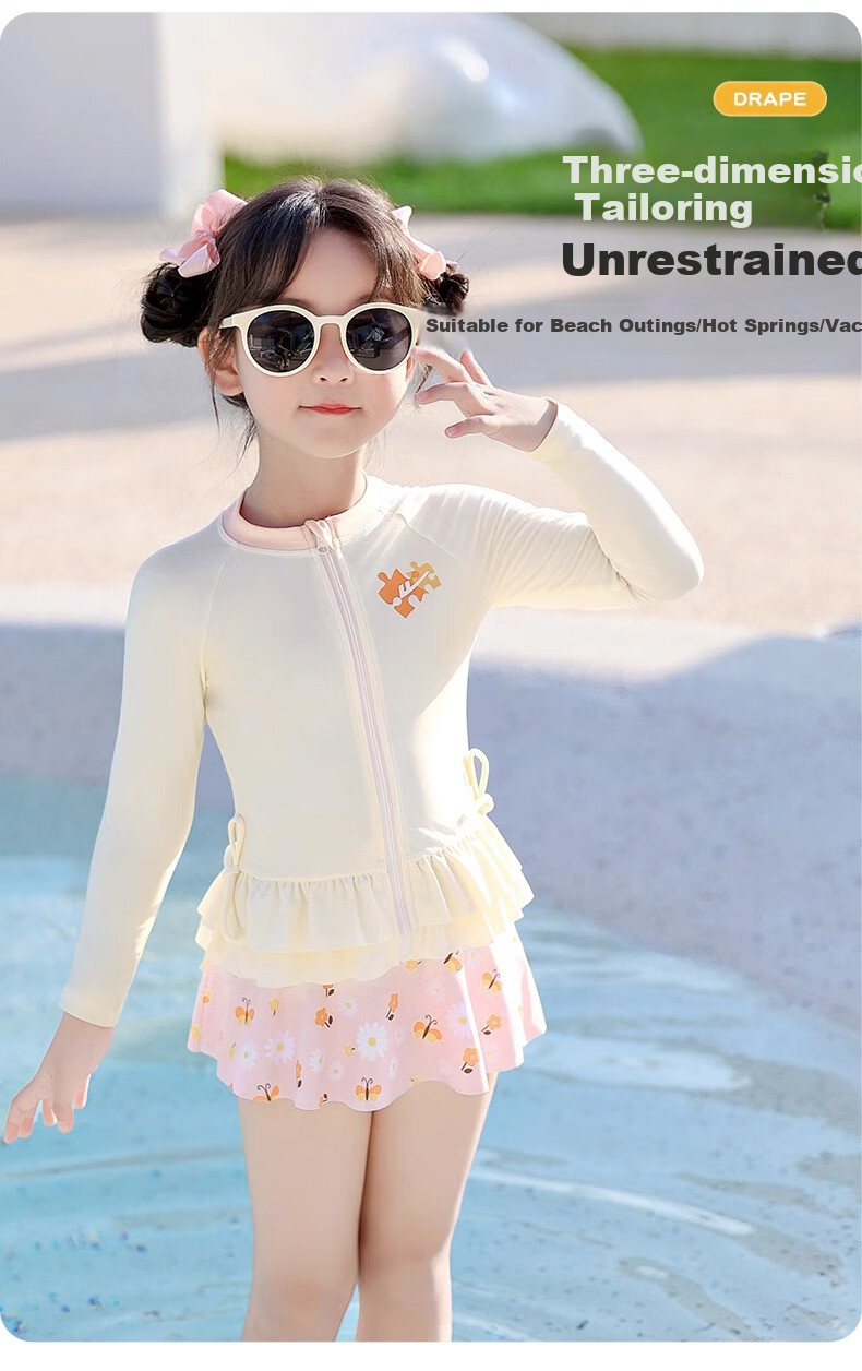 Huili Children's Swimsuit, Girls' Two-Piece Set, for Small to Large Kids, Baby Hot Spring Play Swimming Three-Piece Set, 35150 Off-White 2XL 5