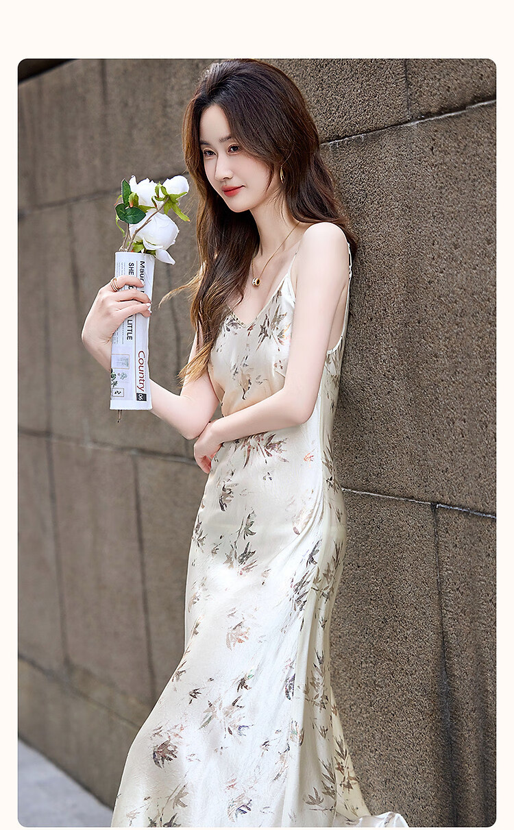 Demana [Pearl Luster] Spring French Style 100% Eastman Acetate Foil Print Camisole Dress for Women 3