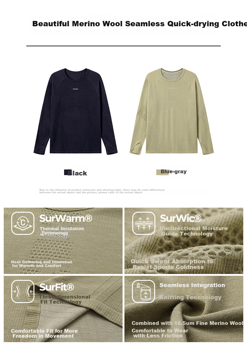 SURPINE Xunshan Series Merino Wool Seamless Quick-Dry Shirt, Outdoor Autumn And Winter T-Shirt for Me 1
