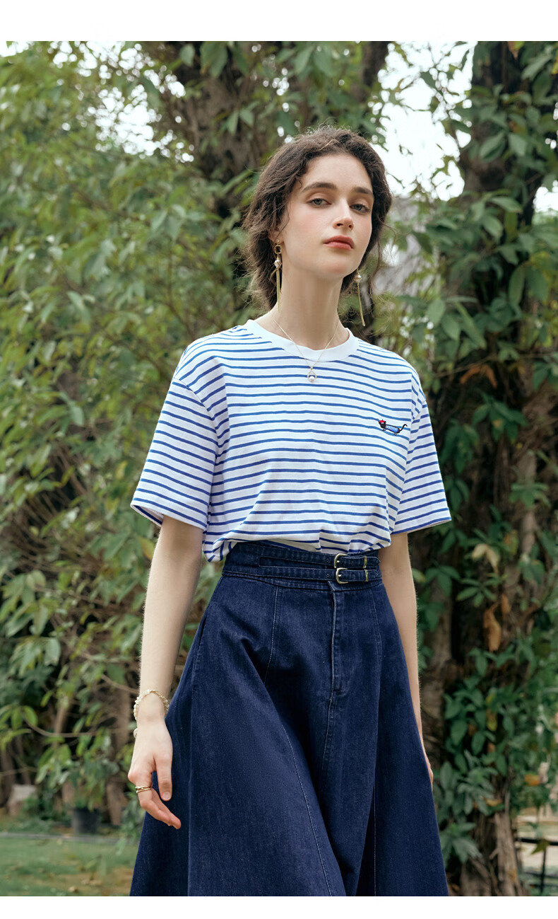 Olrain Blue and White Striped Short Sleeve T-Shirt Summer New Fashion Youthful Top Blue and White Stripes XL 17