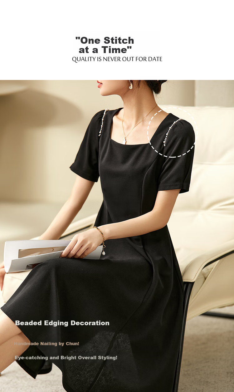 Sentubila Short-Sleeve Dress for Women, Summer Fashion Commuter Mid-Length A-Line Dress with Beaded Waist, Slimming Effect, Black, M 2