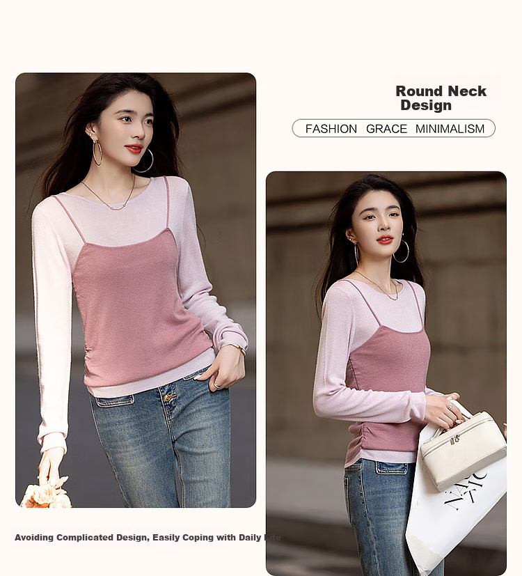 Dme [Raspberry Macaron] Spring And Autumn Girly Faux Two-Piece with Wool Sweater, Lightweight Knit Top for Young Wome 5
