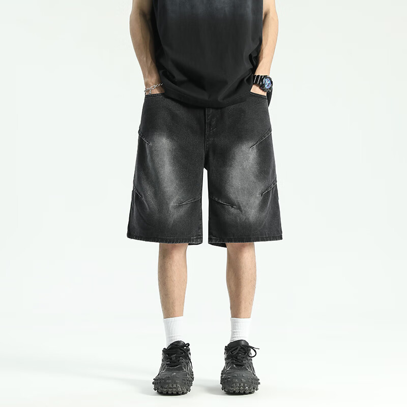 IZEXX American-Style Pleated Denim Shorts for Men, High Street Washed Vintage Loose Casual Five-Point Pants IZ029 Black S
