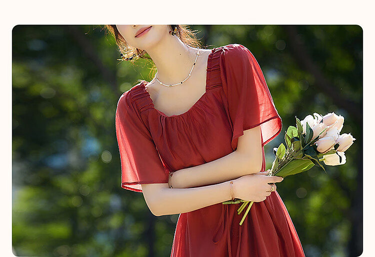 Demana Vintage Small Rose Summer Lightweight Glossy Lyocell Square Neck Ruffle Sleeve Belted A-Line Women's Dress 2