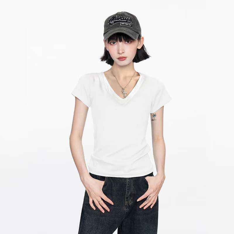 TUCANO V-Neck Regular Shoulder Short-Sleeve T-Shirt for Women, Summer Slim-Fit Pure Cotton Large Collar Half-Sleeve Top, White, XL
