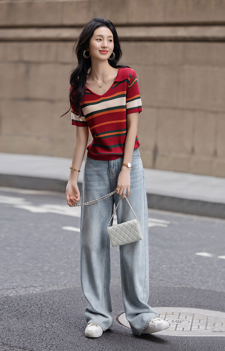 Dme [Tangguo Duoban] Summer Youthful Cool Ice Silk Contrasting Striped V-Neck Sweater Women's Top 16
