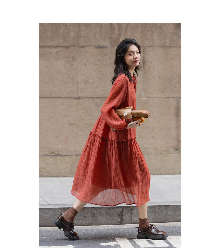 Dme [Boleng Zhilian] Spring French-Style Split Ruffle Trim Round Neck A-Line Concealing Mid-Length Women's Dress 6