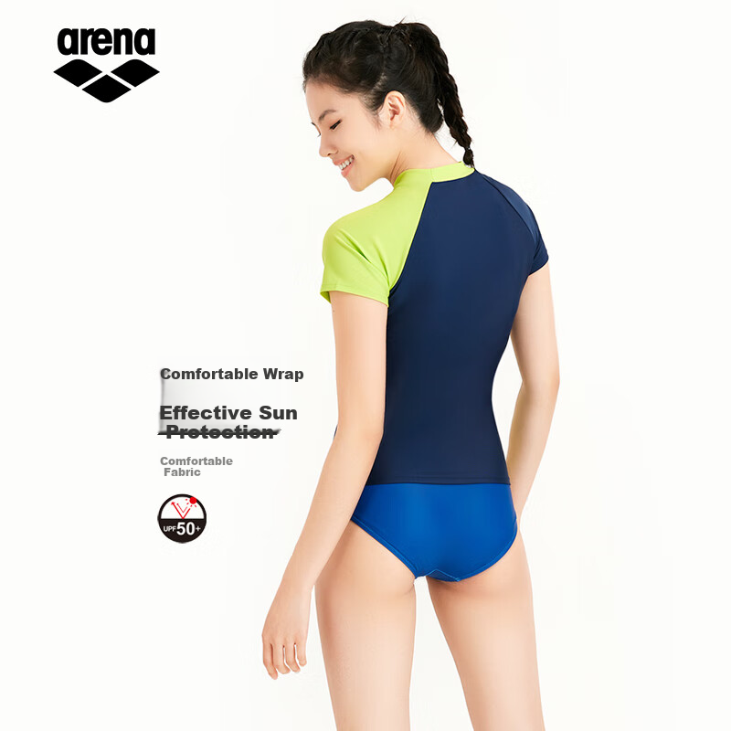 Arena Women's Short-Sleeve Swimsuit Top, Sun Protection, Chlorine-Resistant, Slimming, Comfortable, High-Elasticity, Fashionable, Minimalist, for Fitness, Swimming, Hot Springs
