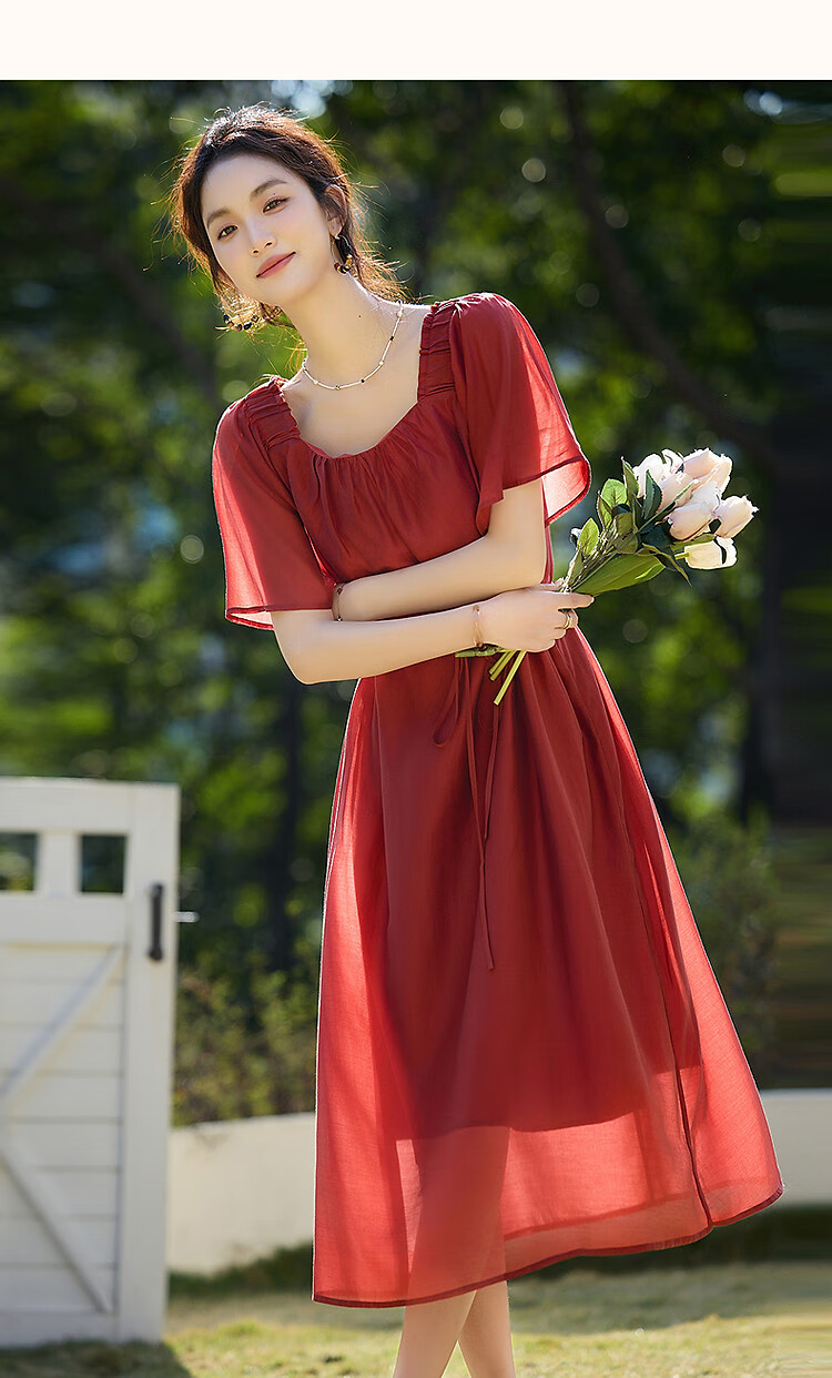 Demana Vintage Small Rose Summer Lightweight Glossy Lyocell Square Neck Ruffle Sleeve Belted A-Line Women's Dress 6