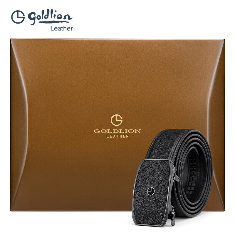Goldlion Belt with Automatic Buckle, Inner Buckle Waistband, Ostrich Leather, High-End Wooden Gift Box, Trouser Belt, Birthday Gift for Gifting