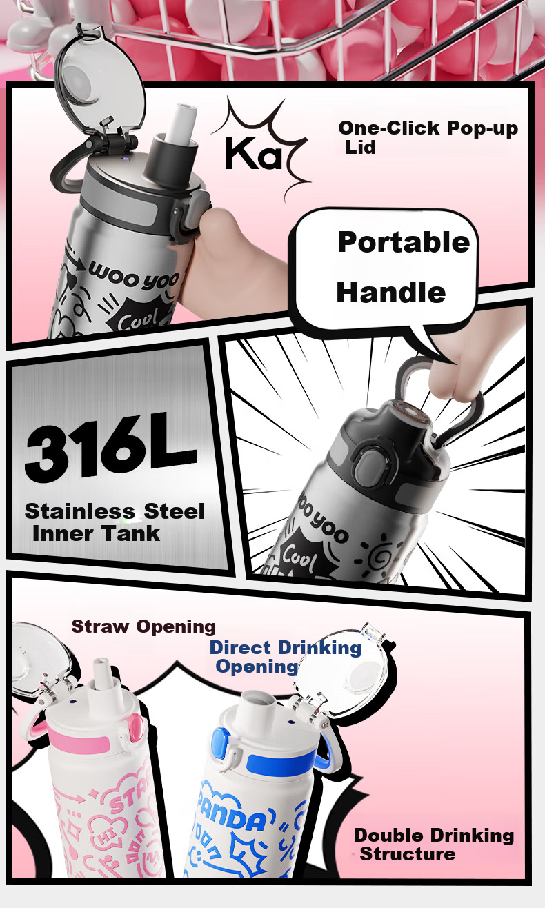 FGA Fuguang Straw Insulated Cup, 316L Stainless Steel, Large Capacity, for Men And Women, Students, School Use, Sports Water Bottle 2