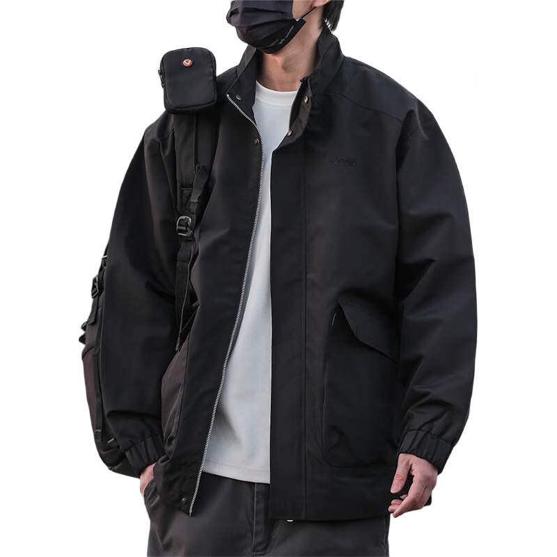 JEEP Men's Jacket, Spring And Autumn Outerwear, Stand-Up Collar, Loose Casual Menswear, Windbreaker Top, Black, Size L