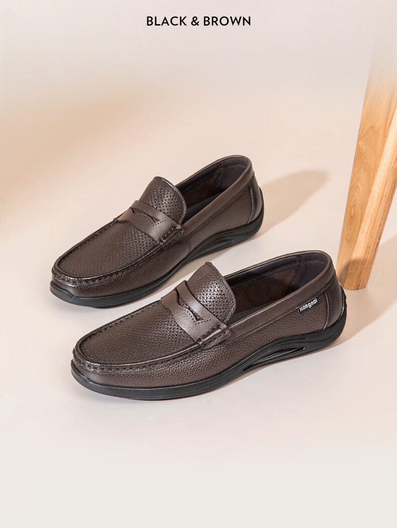 Kangnai Summer Business Casual Loafers Slip-On Perforated Leather Shoes Men's Hollow Comfortable Sandals Breathable Black Size 38 2