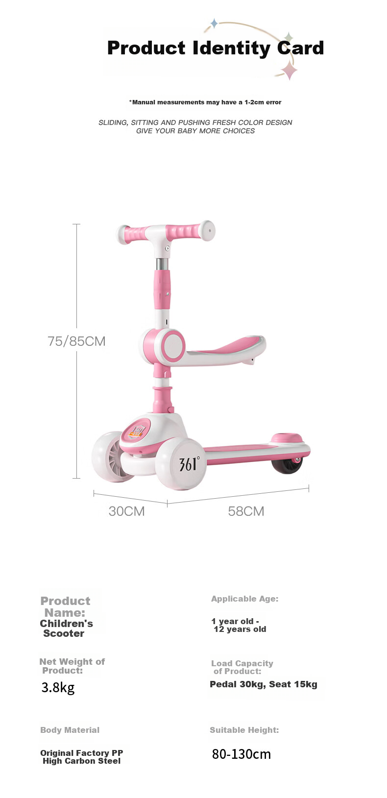 361° Children's Scooter for Ages 3-6 Foldable Kick Scooter, Blue (Without Seat) 15