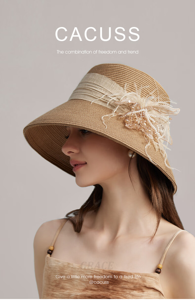 CACUSS Women's Summer Straw Hat Beach Sunshade Elegant Luxury French Style Woven Sun Hat Yunran 1