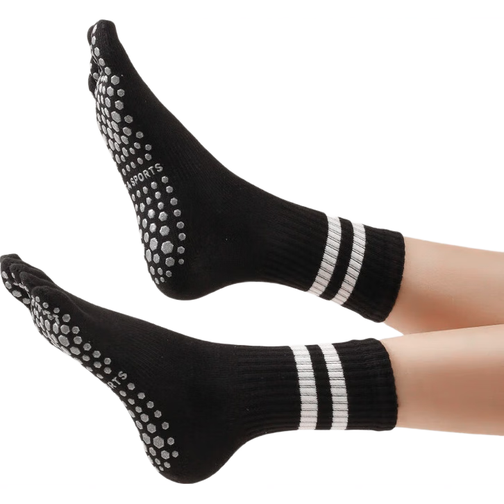 Duweike Non-Slip Yoga Socks Professional Sports Pilates Mid-Calf Indoor Fitness Toe Separator Socks Black
