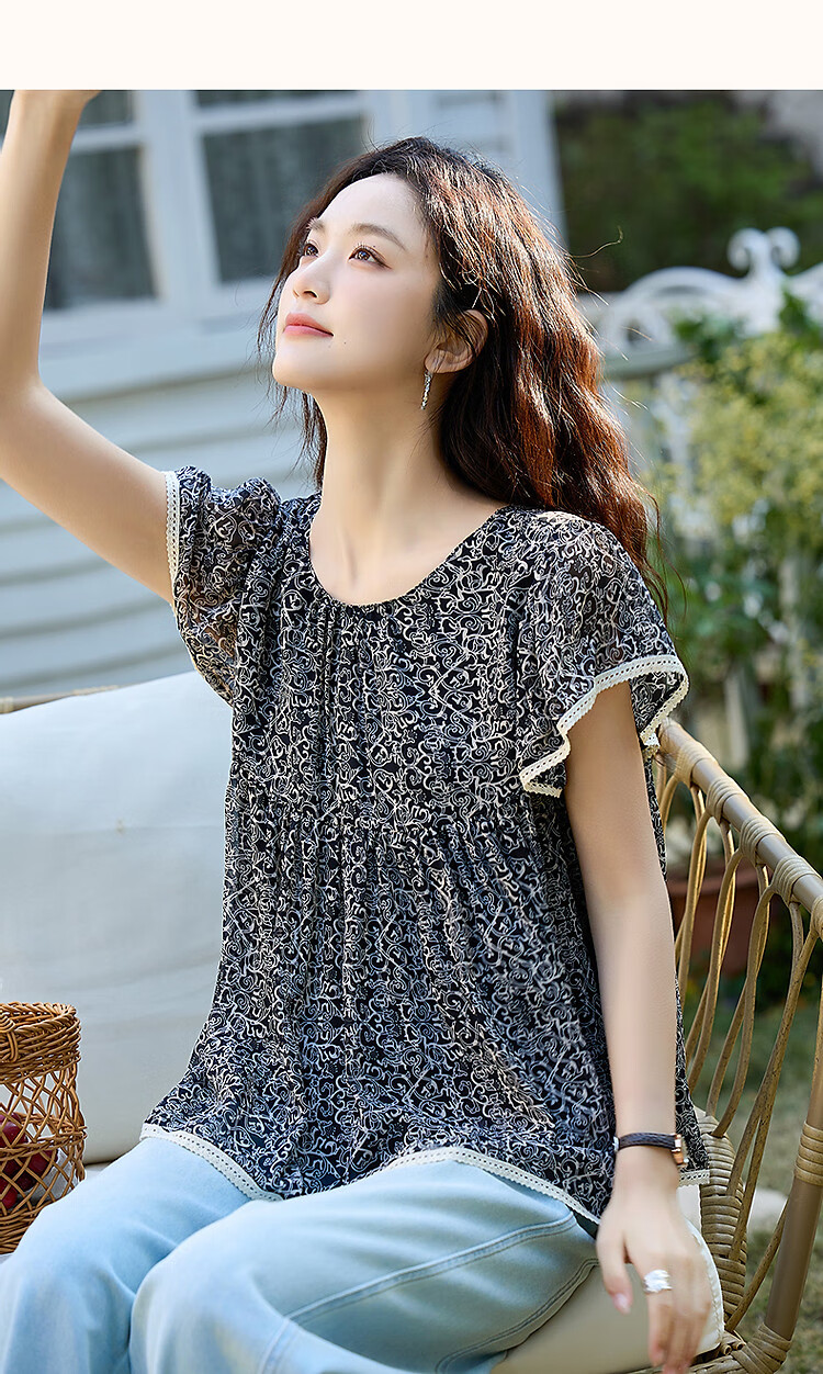 Dme [75D Chiffon Jacquard] Summer Flowy Short-Sleeve Shirt with Contrasting Trim, Loose Blouse Women's Top 13