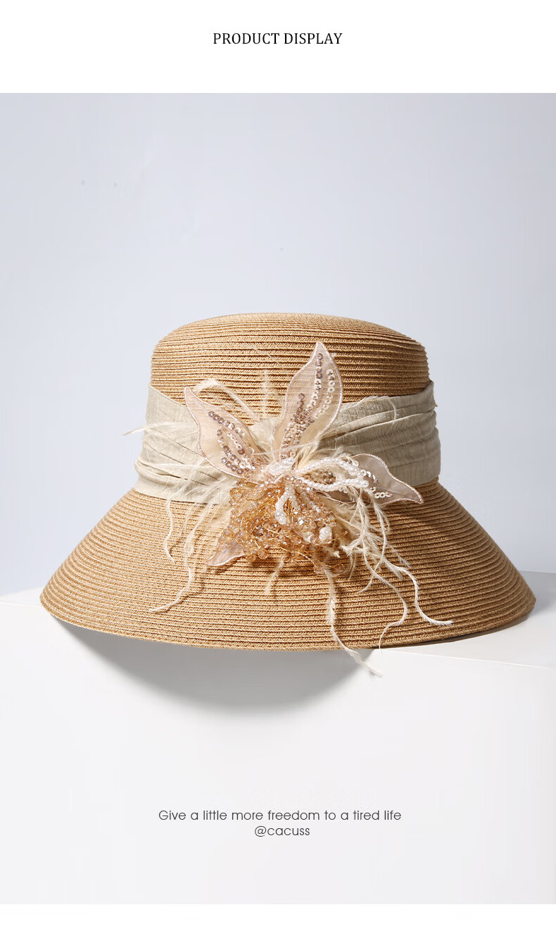 CACUSS Women's Summer Straw Hat Beach Sunshade Elegant Luxury French Style Woven Sun Hat Yunran 5