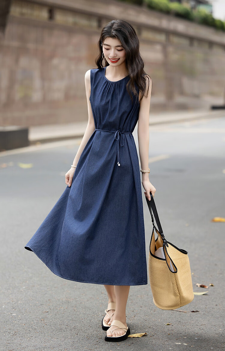 Demana Pure Cotton Private Talk Summer Lightweight Slim Pleated Round Neck Denim Sleeveless Tie Women's Dress 8