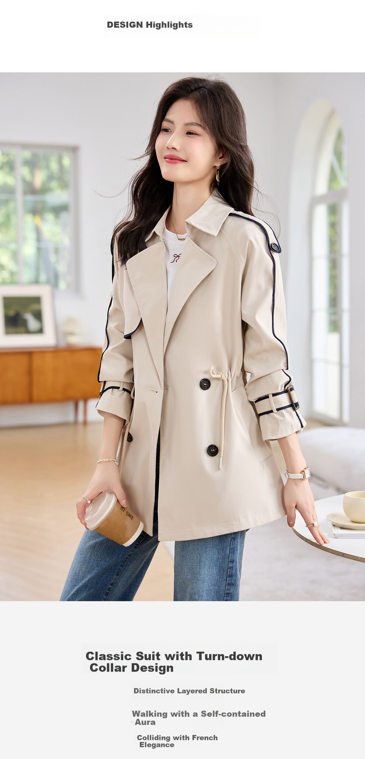 Taxiang Drawstring Waist Trench Coat for Women, Spring And Autumn Casual Commuter Short Jacket, High-End Outer Cardigan T51D033 5