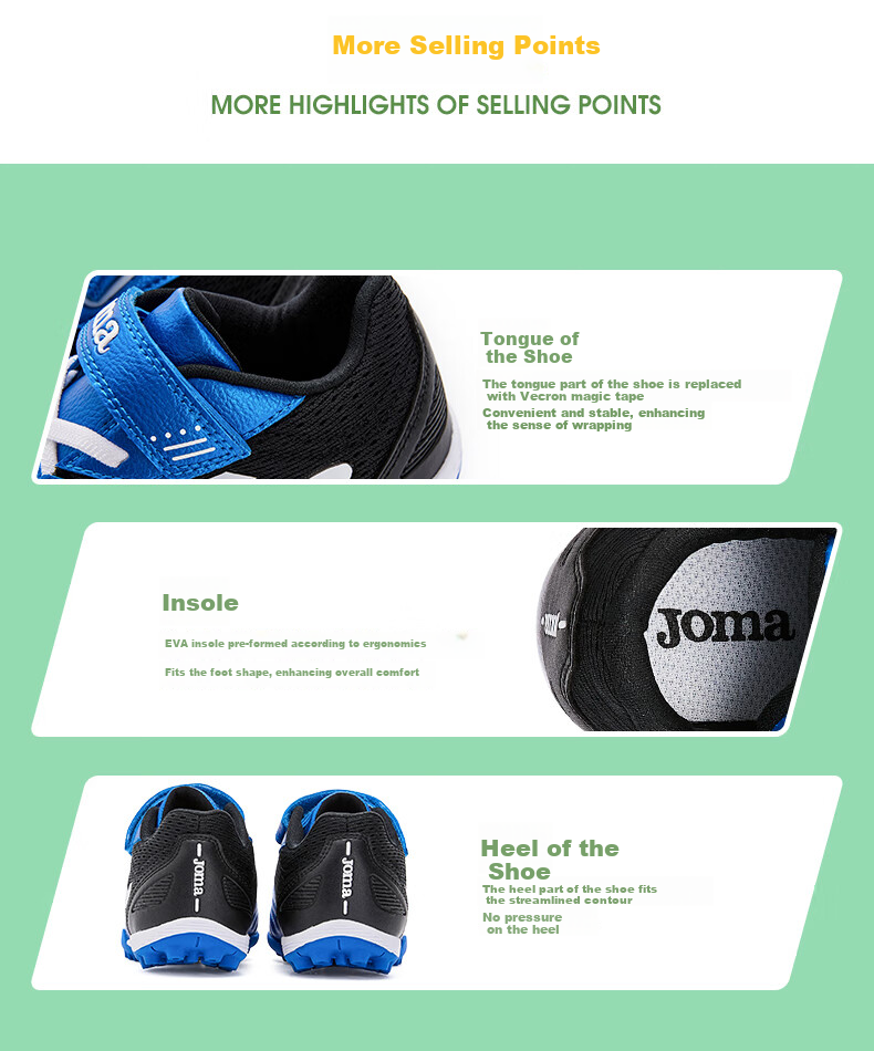 JOMA Velcro Children's Soccer Shoes with TF Turf Studs, Youth Elementary School Professional Competition Football Training Shoes, Blue And Black, Size 35 5