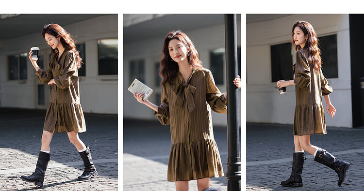 Dme [Moderate Romance] Spring Vintage Style Lyocell Striped Ribbon Button Elegant Midi Dress for Wome 4
