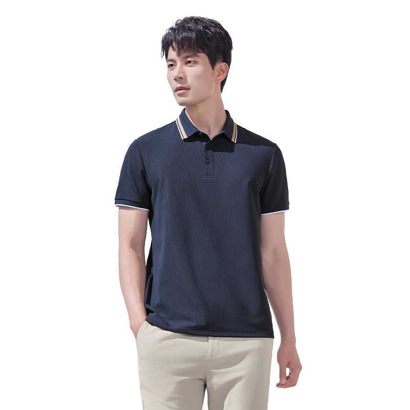 Laxdn Polo Shirt Summer New Casual Fashion Color-Block Collar Short Sleeve Top Navy Blue 3XL